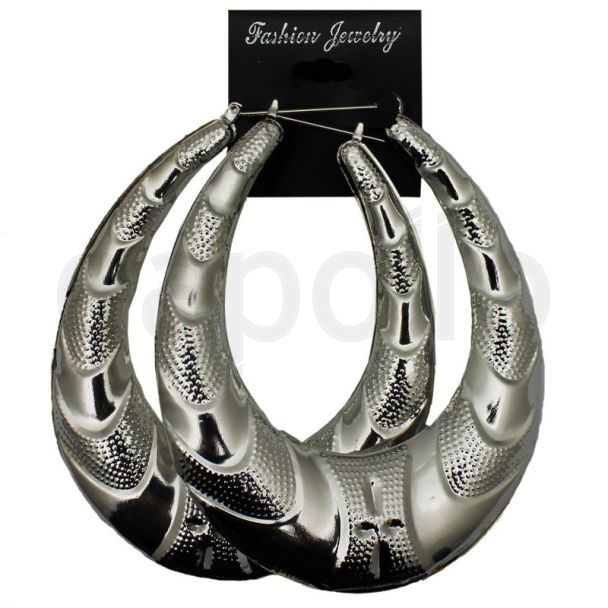 Silver Oval Bamboo Hoop Earrings - 7cm