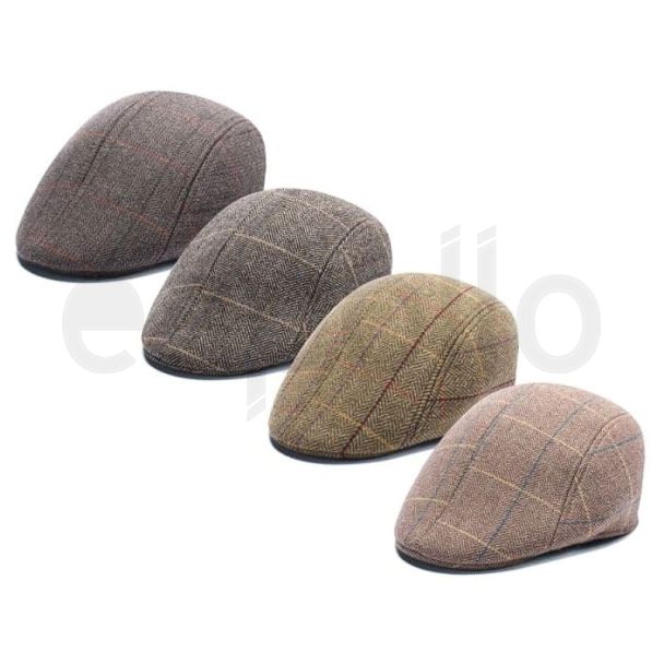 Men's Plain Padded Herringbone Checkered Flat Caps - Assorted