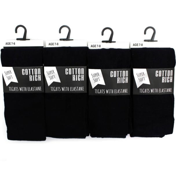 Wholesale Girls School Cotton Rich Tights with Elastane - Black (Age 7-8)