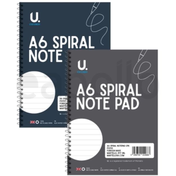 U.  Stationery A6 Spiral Note Pad 2 pcs  - Assorted (60 Sheets)