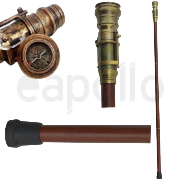 Acacia Wood Walking Stick with Antique Brass Telescope Handle & Compass