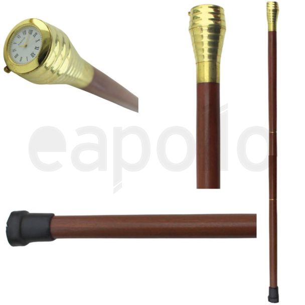 Acacia Wood Walking Stick with Brass Handle, Watch & Glass Tube