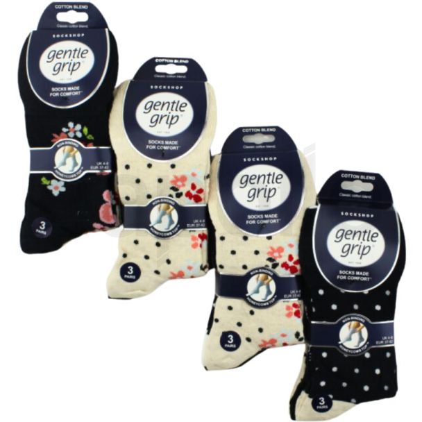 Gentle Grip Floral Design Socks For Ladies (3 Pack) - Assorted