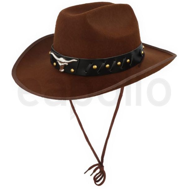 Adult Cowboy Hat With Bull Horn And Cord - Brown  