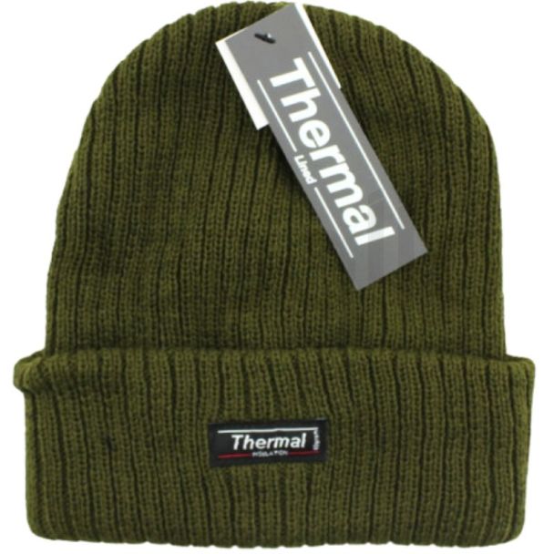 Adults Plain Thermal Ribbed Ski Hat - Olive 