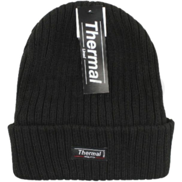 Adults Ribbed Thermal Ski Hat - Black 