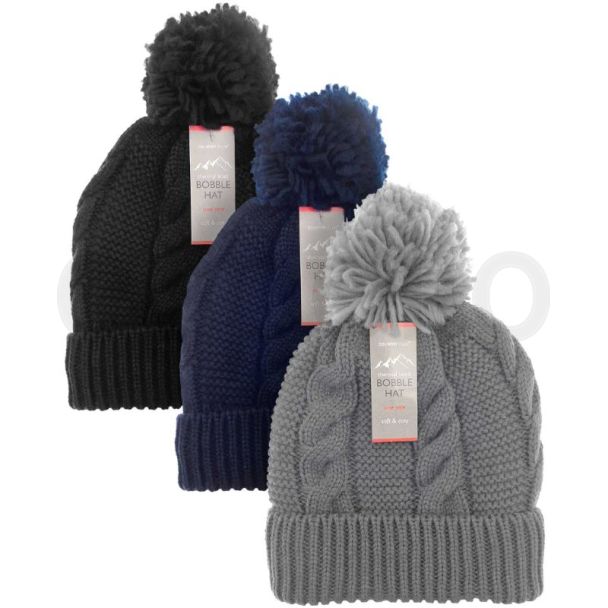 Adults Thermal Lined Knitted Bobble Hats- Assorted Colours 