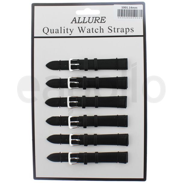 Wholesale Allure Black Leather Watch Straps - Silver Buckle - 14mm