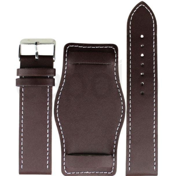 Military Style Dark Brown Leather Bund Watch Strap with Contrast Stitch - 24mm