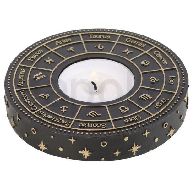 Astrology Wheel Tealight Candle Holder Gold Detail Design - (9cm)