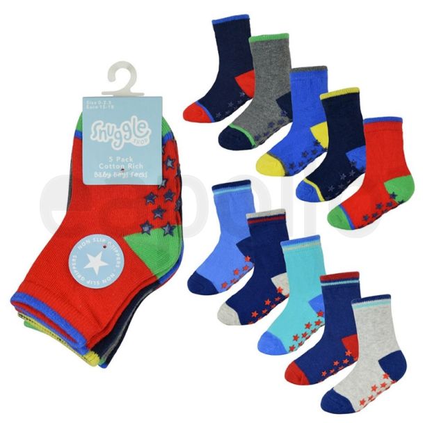 Baby Boys Heel & Toe Socks With Grippers(5 Pair Pack) - Assorted 