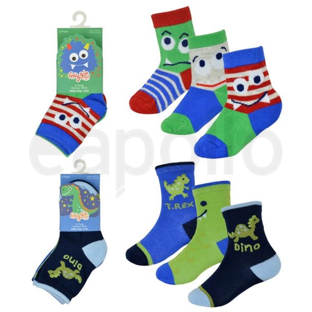 Baby Boys Monster/Dino Design Ankle Socks (3 Pack) - Asst.