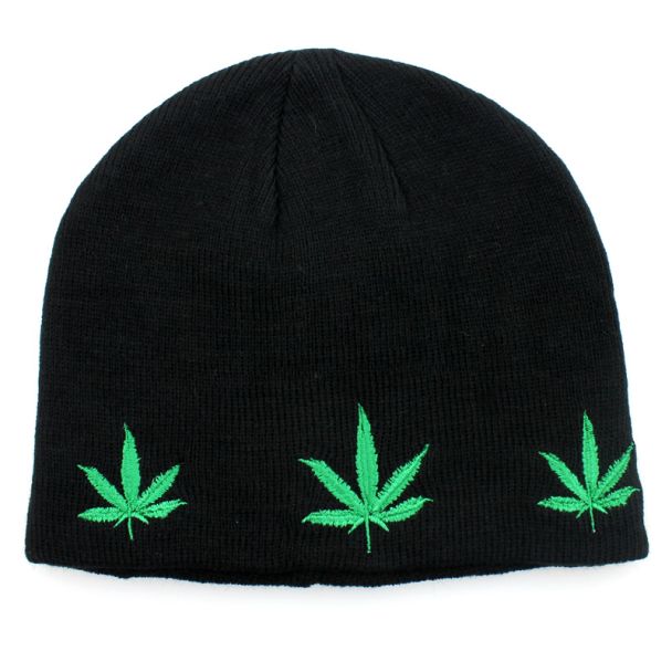 Wholesale Black Beanie Hat - Leaf Print Embroidery 
