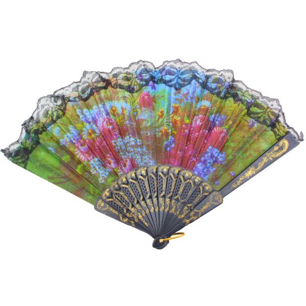 Black Decorative Hand Fan with Gold Detailing and Floral Design – (25cm)