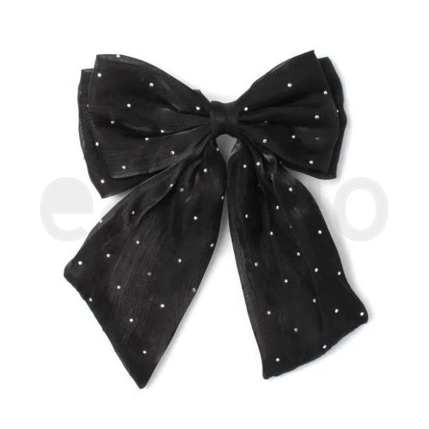 Black Diamante Double Hair Bow with Barrette - 15cm