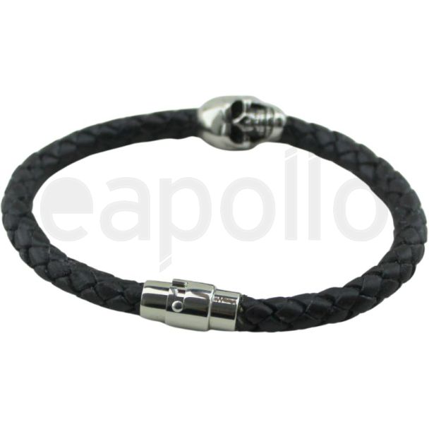 Black Leather Bracelet with Silver Skull Detail