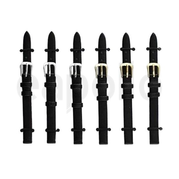 Black Leather Watch Straps with Gold & Silver Buckles - 8mm