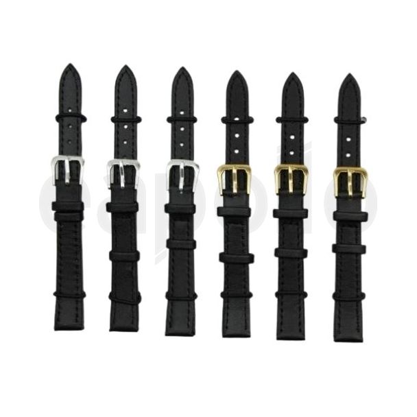 Black Long Leather Watch Straps with Gold & Silver Buckles - 12mm