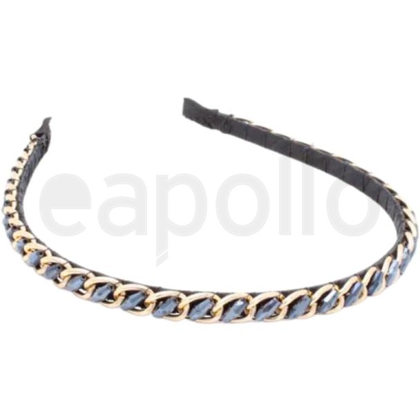 Black Ribbon Wrapped Metal Alice Band with Chain and Bead Detail - 0.7cm Wide