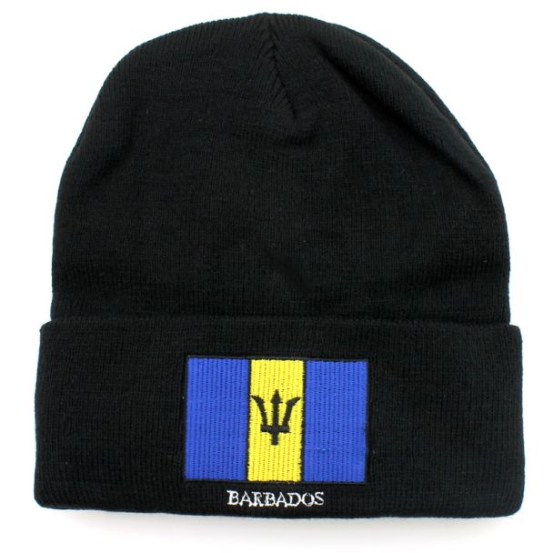 Black Turn up Beanie Hat - Barbados Flag Embroidery