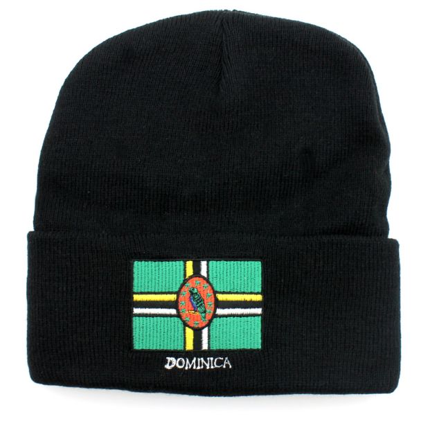 Black Turn up Beanie Hat - Dominica Flag Embroidery