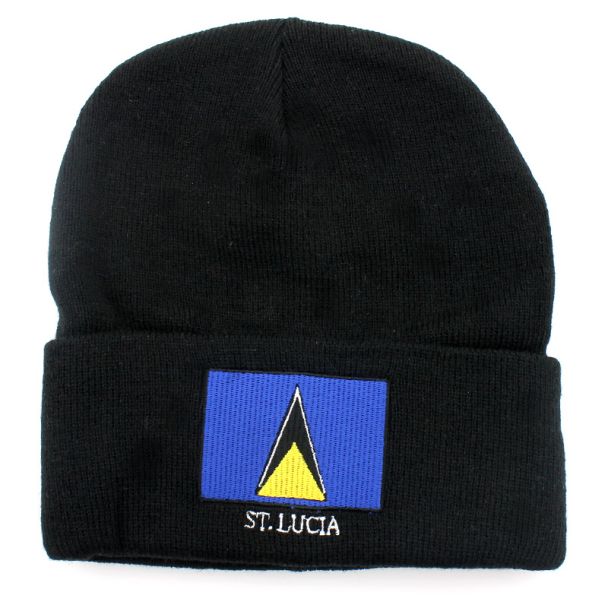 Black Turn up Beanie Hat - St.Lucia Flag Embroidery 