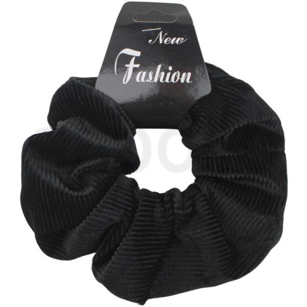 Black Velvet Striped Pleated Hair Scrunchie - 10cm