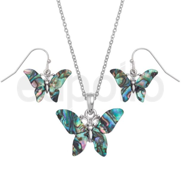 Natural Butterfly Paua Shell Pendant Necklace & Dangle Earrings Set