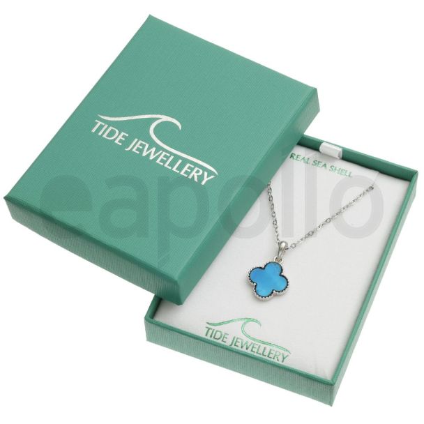 Blue Mother of Pearl Shell Quatrefoil Pendant Necklace