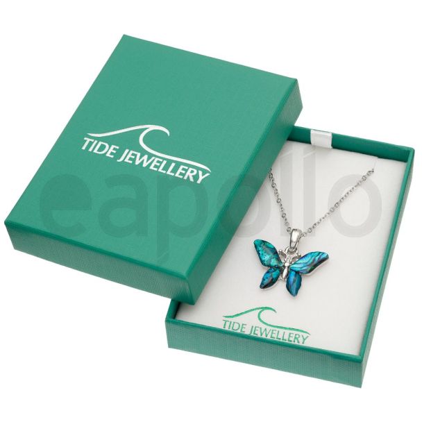 Blue Butterfly Paua Shell Pendant Necklace in a Gift Box