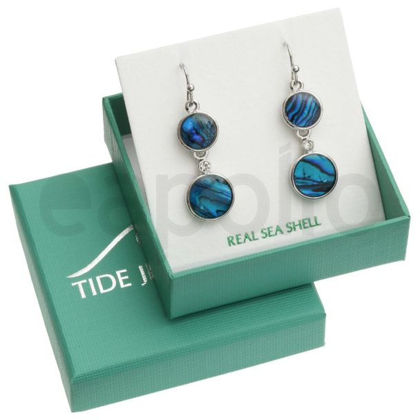 Blue Paua Shell Circle Dangle Hook Earrings