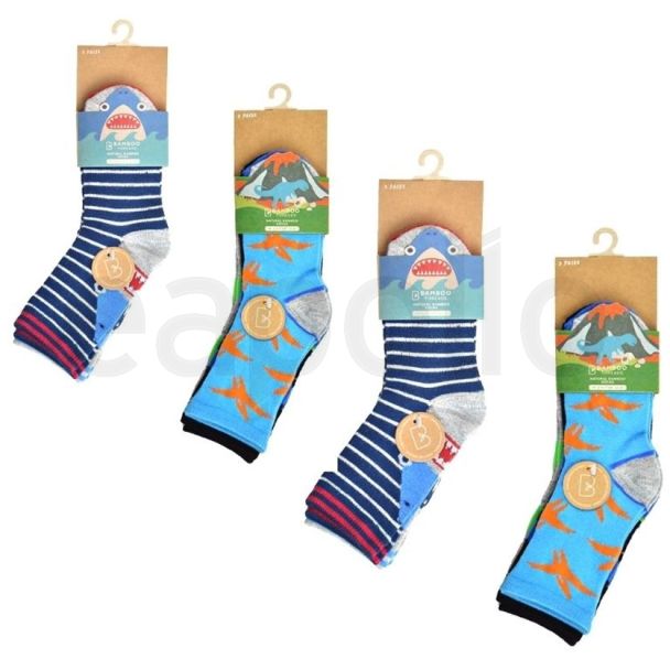 Boy's Bamboo Dino/Shark Design Trainer Socks(3 Pair Pack) - Asst. Sizes 