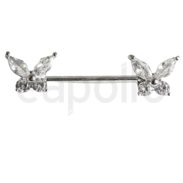 Butterfly Design Nipple Bar with Clear Crystal Gemstones - 14mm