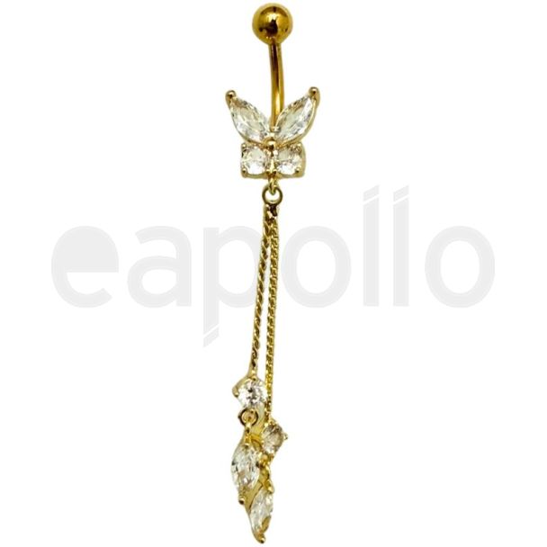 Butterfly With Dangling Stones Belly Bar- Gold - 50mm