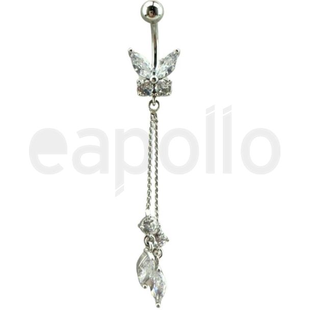 Butterfly With Dangling Stones Belly Bar- Silver - 50mm