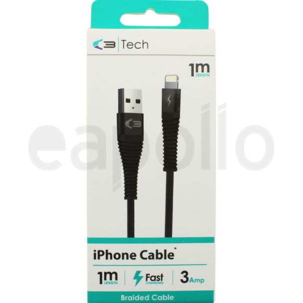 C3 1m Data Charging iPhone Braided Cable - Black