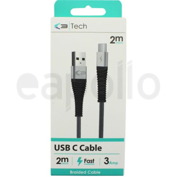C3 Data Charging Braided Cable (USB to Type C) - Black/Grey (2m)