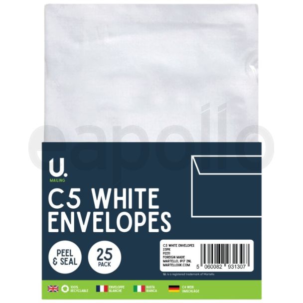 C5 White Envelopes Pack of 25 (22.8 x 16.2 x 0.8cm)