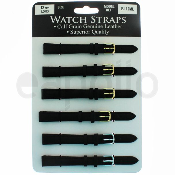 Calf Grain Leather Black Long Watch Straps - Asst. Buckles - 12mmBL12ML