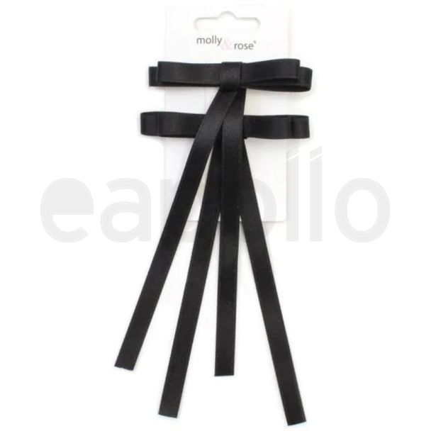 Card of 2 Black Bows With Tails On Clips 5.5cm