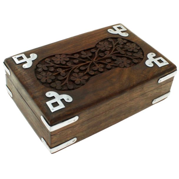 Wholesale Carved Flower Wooden Box with Iron Corners