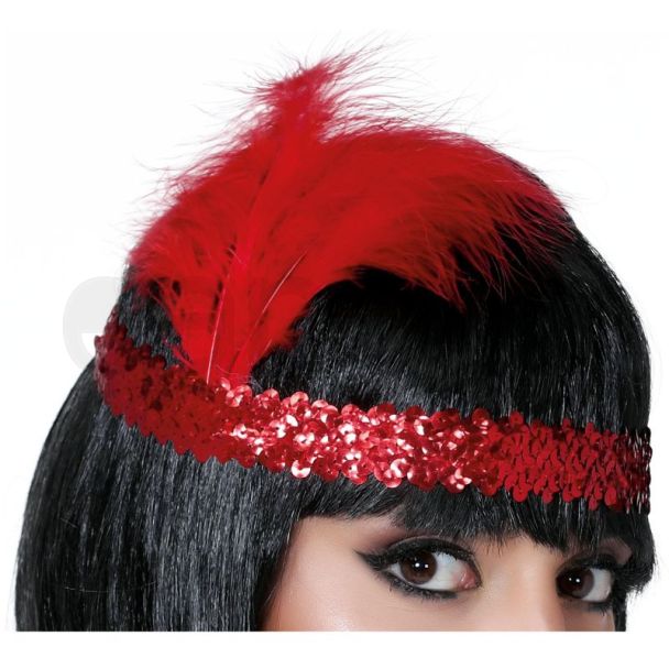 Charleston Red Sequin Headband / Tiara with Feather