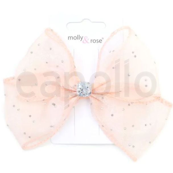 Chiffon Bow & Diamante Clip - Pale Pink  (4.5cm)