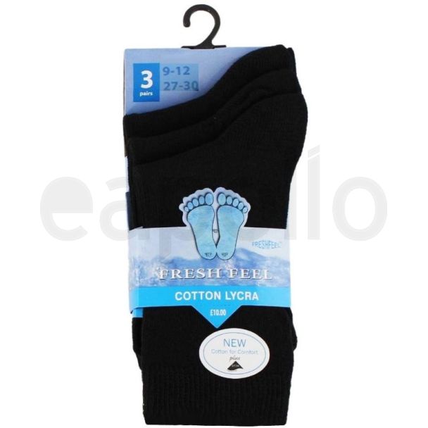 Children's Cotton Lycra Black Ankle Socks - Pack of 3 (UK - 9-12)