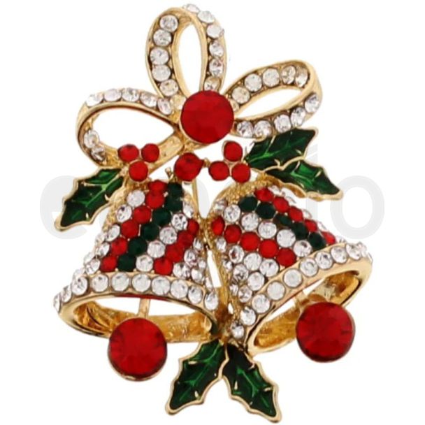 Christmas Bells Brooch With Diamante Stone - Gold (4x3.5cm)