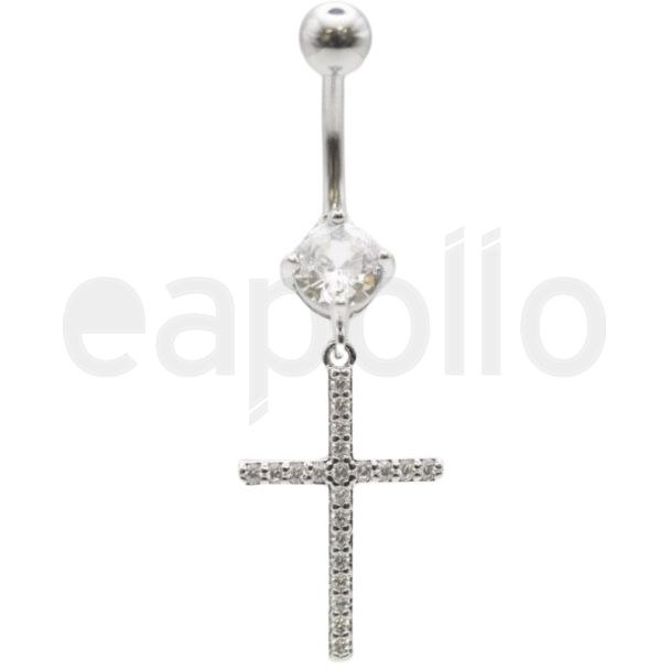 Clear Crystal Cross Design Belly Bar - 10mm