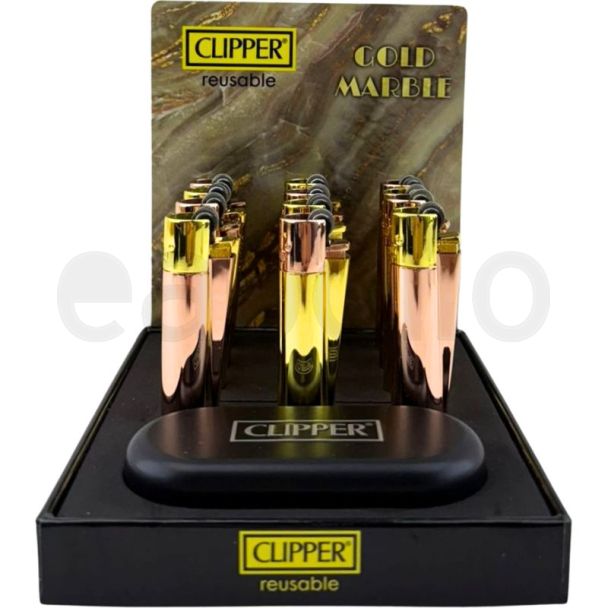 Clipper Flint Reusable Lighters With Gift Case -  Gold Marble 