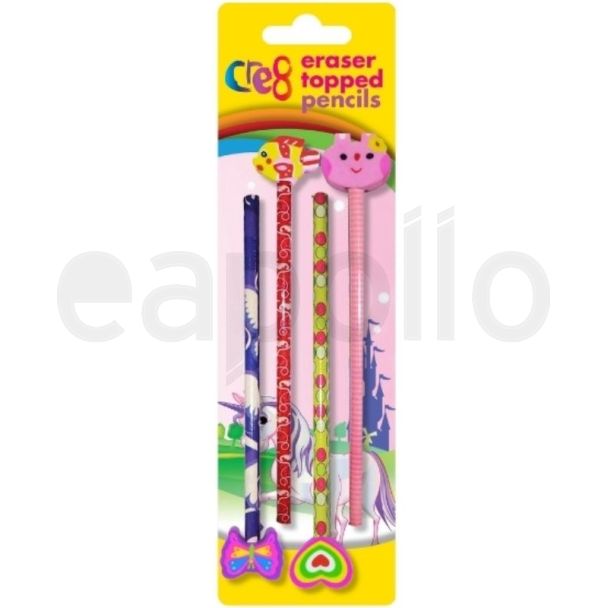 Cre8 4pcs Kids Eraser Top Pencils - Butterfly, Fish, Heart and Unicorn Assortment