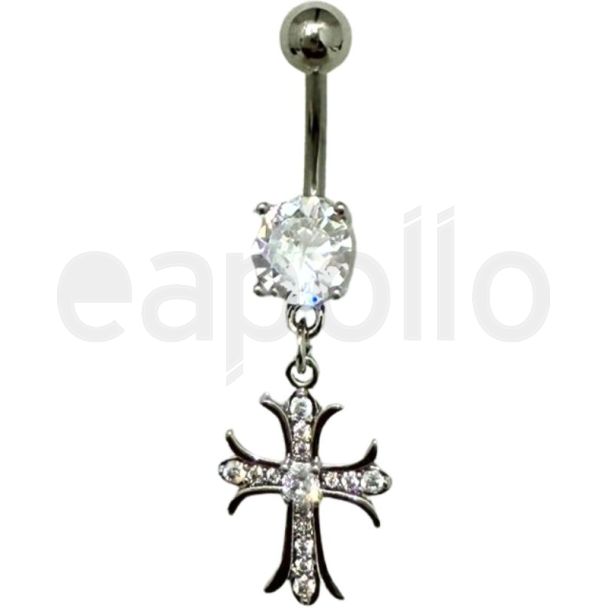 Cross Design Belly Bar - Silver - 40mm