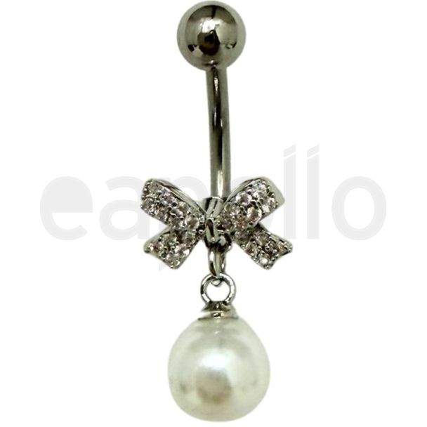Crystal Bow With Pearl Ball Design Belly Bar - Silver - 30mm